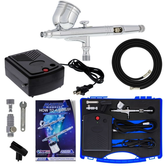 Master Airbrush Airbrushing System Kit with a G23 Multi-Purpose Gravity Feed Dual-Action Airbrush with 1/3oz. Cup and 0.3mm Tip , Mini Air Compressor, Hose, Storage Case, How-To-Airbrush Guide
