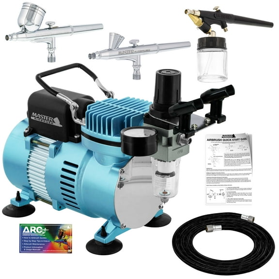 Master Airbrush Cool Runner II Dual Fan Air Compressor Pro Kit with 3 Airbrush Sets, 0.2, 0.3 mm Gravity & 0.8 mm Siphon