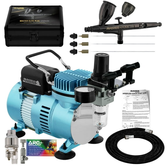 Master Airbrush Cool Runner II Dual Fan Air Compressor System Kit with Master Elite Plus Ultimate Airbrush Set with 3 Tips 0.2, 0.3 and 0.5 mm, Case, Dual-Action, 2 Cups Hose Holder, Filter - Hobby