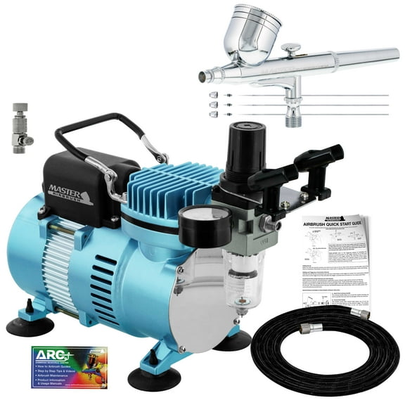 Master Airbrush Cool Runner II Dual Fan Air Compressor System Kit with a Pro Set G222 Gravity Airbrush Kit with 3 Tips 0.2, 0.3 & 0.5 mm - Hose, Holder, How-to Guide - Hobby, Auto, Cake, Tattoo, Art