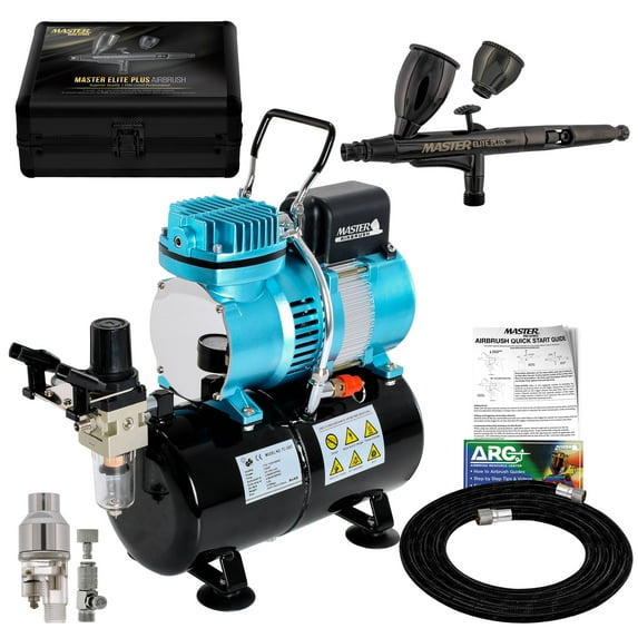 Master Airbrush Cool Runner II Dual Fan Air Storage Tank Compressor System Kit with Master Elite Plus Elite Level Performance Airbrush Set, Case, Dual-Action, 0.3mm Tip, 2 Cups, Hose Holder