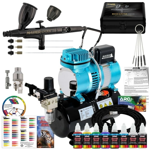 Master Airbrush Cool Runner II Dual Fan Air Storage Tank Compressor System Kit with Master Elite Plus Ultimate Airbrush Set with 3 Tips 0.2, 0.3 & 0.5mm, Case, 2 Cups, 6 Color Acrylic Paint Set