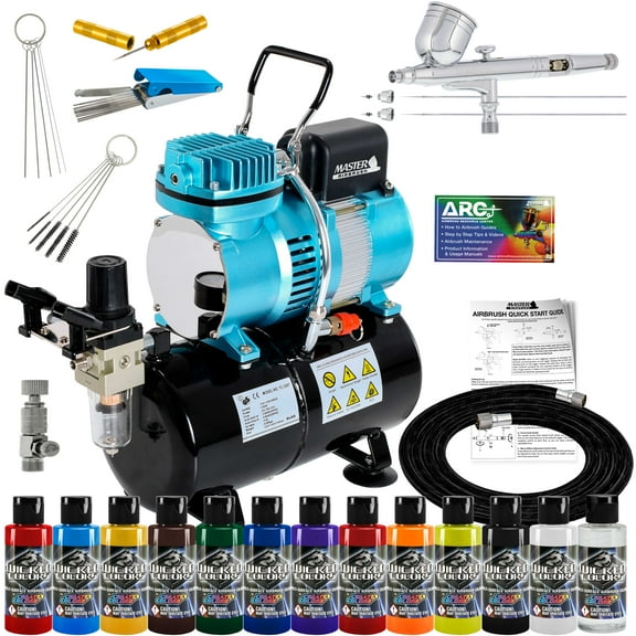 Master Airbrush Cool Runner II Dual Fan Air Tank Compressor System Kit with Pro G233 Gravity Airbrush Kit with 3 Tips, 12 Createx Wicked Colors Acrylic Paint Artist Set, Airbrush Cleaning Kit