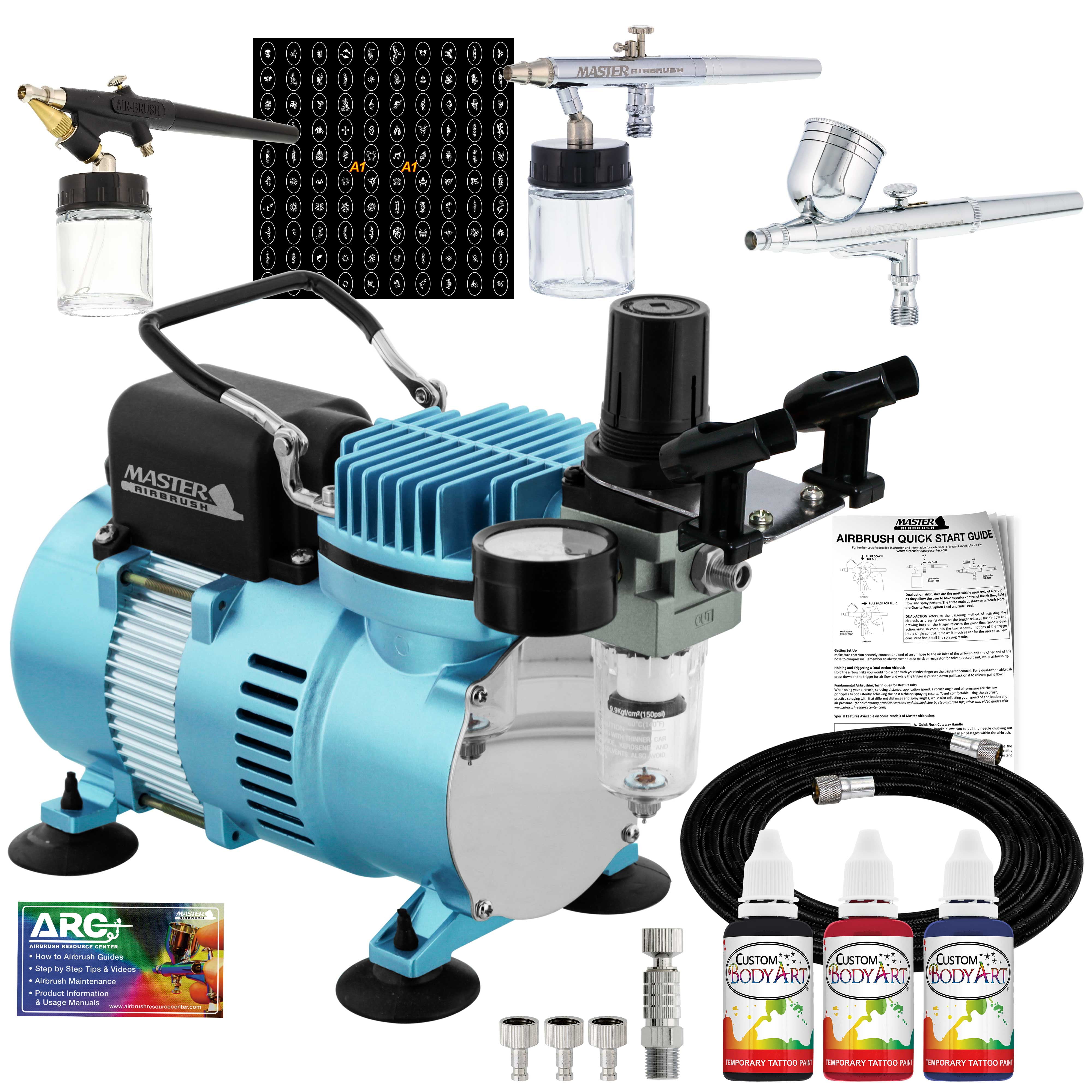 Master Airbrush Tattoo System 3 Airbrushes, Air Compressor, Book of 100 Stencils, 6' Hose, Airbrush Holder, 3 Quick Couplers, Black, Red & Blue Temporary Tattoo Ink