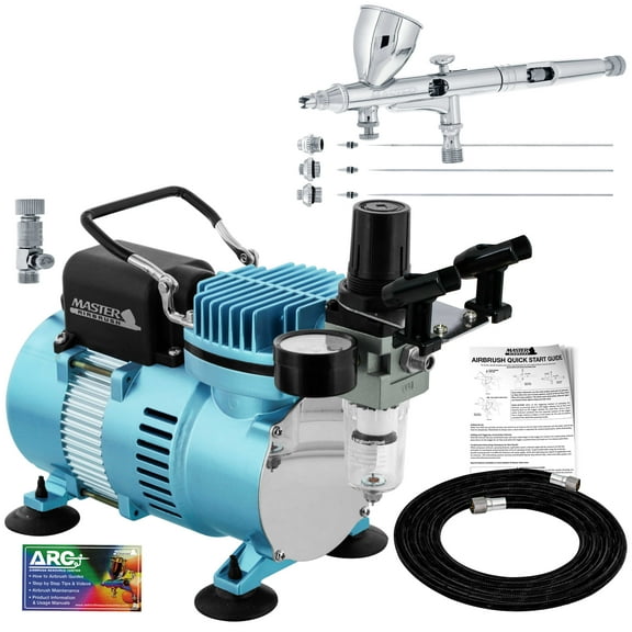 Master Airbrush Cool Runner II Dual Fan Air Compressor System Kit with a G444 Fine Detail Control Gravity Feed Dual-Action Airbrush Pro Set with 0.2, 0.3, 0.5 mm Tips, How-To Guide - Hobby, Auto