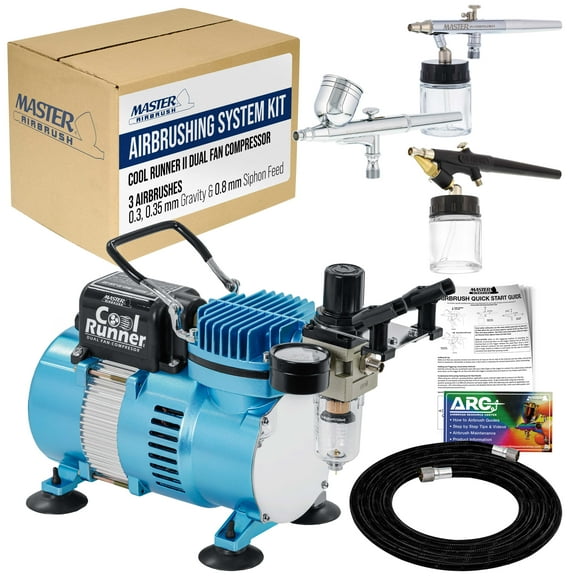 Master Airbrush Cool Runner II Dual Fan Air Compressor Professional Airbrushing System Kit with 3 Airbrush Sets, 0.3mm Gravity & 0.35, 0.8mm Siphon Feed - Hose Holder, How To Airbrush Learning Guide