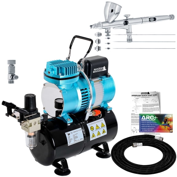 Master Airbrush Cool Runner II Dual Fan Air Storage Tank Compressor System Kit with a G444 Fine Detail Control Gravity Feed Dual-Action Airbrush Pro Set with 0.2, 0.3, 0.5mm Tips, How-To Guide, Hobby