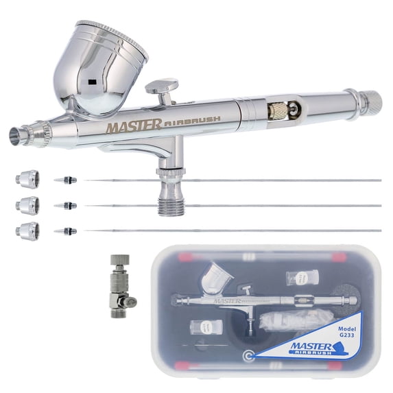 Master Airbrush Master Performance G233 Pro Set with 3 Nozzle Sets (0.2, 0.3 & 0.5mm Needles, Fluid Tips and Air Caps) - Dual-Action Gravity Feed Airbrush, 1/3 oz Cup, Cutaway Handle