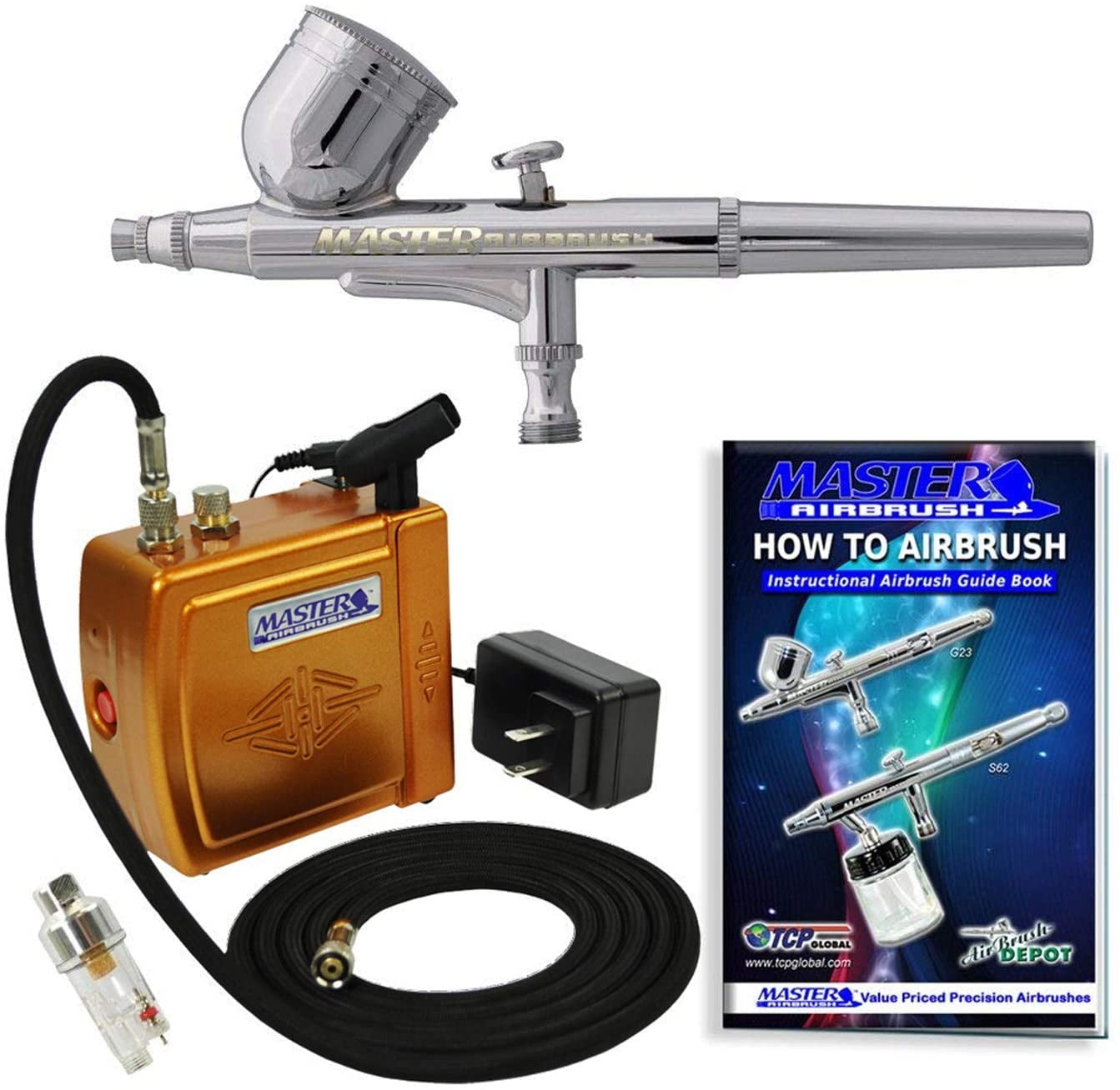 Master Airbrush Multi-Purpose Gold Airbrushing System Kit with Portable Mini Air Compressor - Gravity Feed Dual-Action