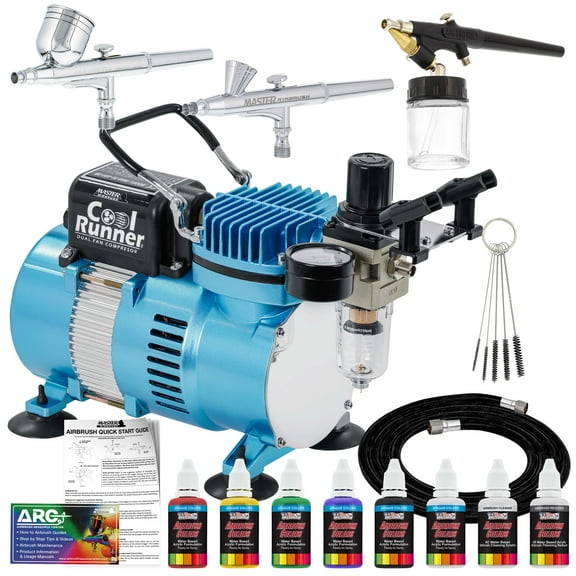 Master Airbrush Cool Runner II Dual Fan Air Compressor Airbrushing System Kit with 3 Professional Airbrushes, Gravity & Siphon Feed - 6 Primary Opaque Colors Acrylic Paint Artist Set - How To Guide