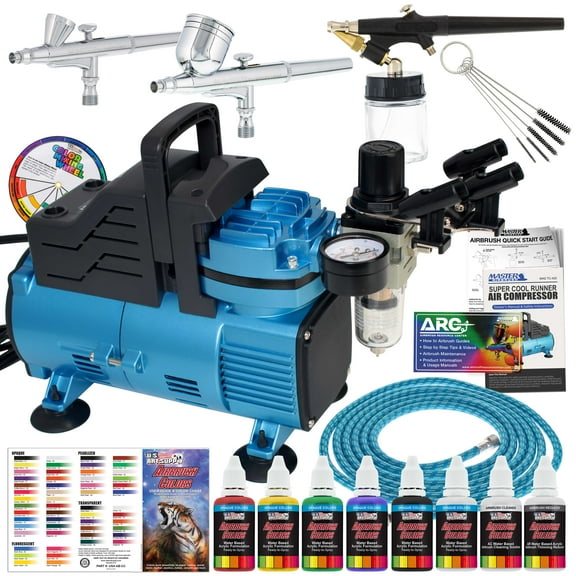 Master Airbrush Super Cool Runner Dual Fan Air Compressor Professional Airbrushing System Kit with 3 Airbrushes, Gravity & Siphon Feed - 6 Primary Opaque Colors Acrylic Paint Artist Set, Hose & Holder