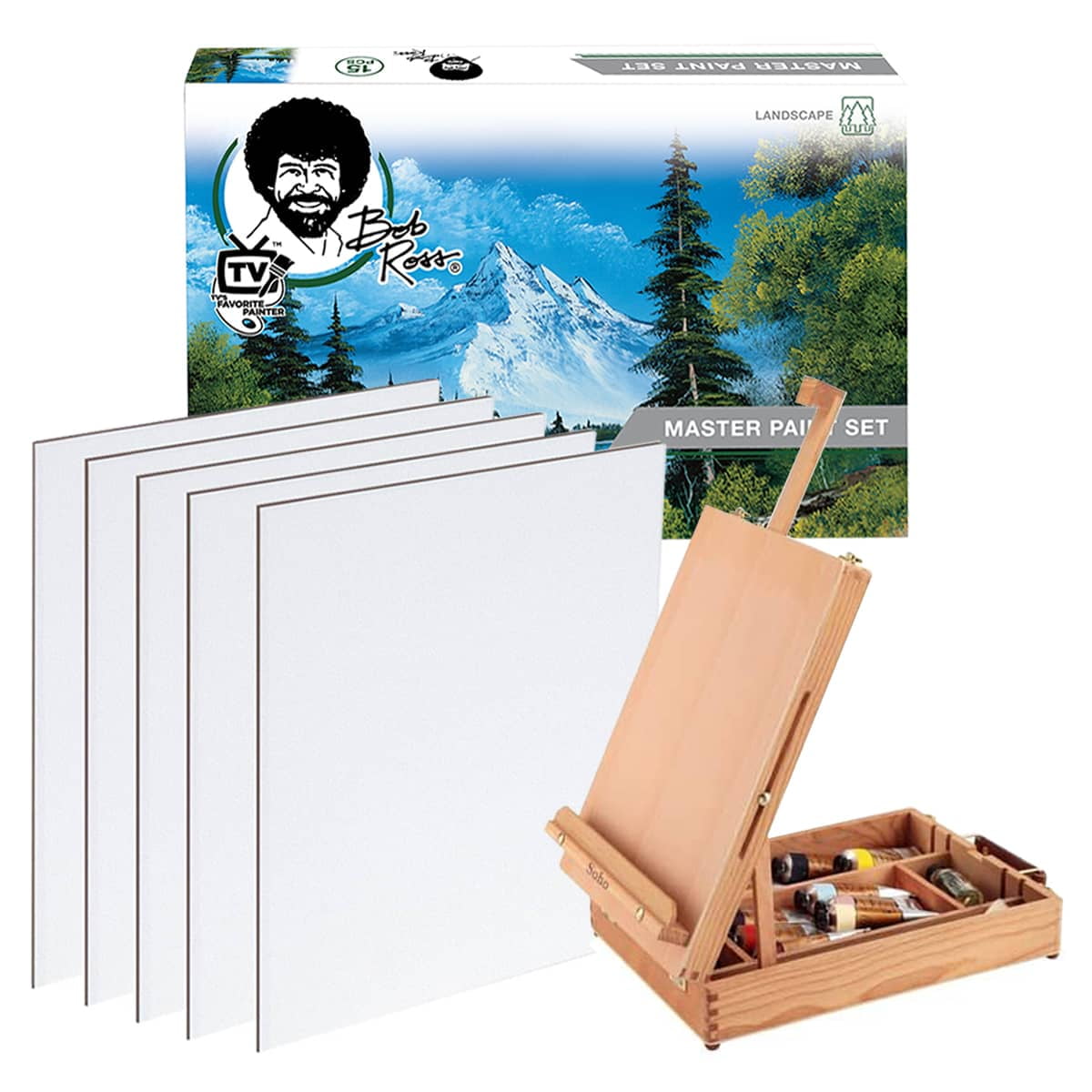 Master Artist Oil Paint Set Includes Wood Art Supply Carrying Case Sketchbox w/ Easel & 5-Pack 12x16 Canvas Panels For Painting