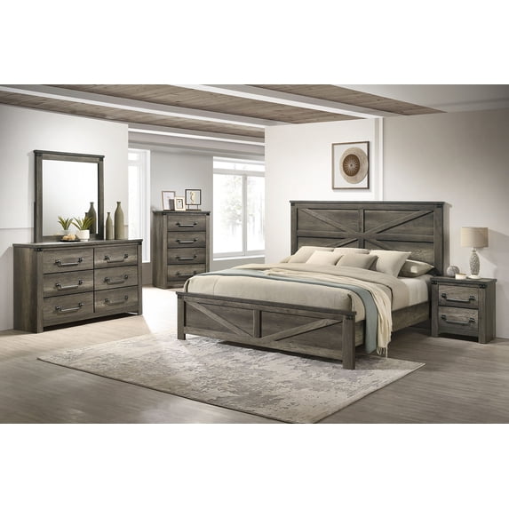 Master Bedroom 4pc Set Eastern King Size Bed Dresser Mirror Nightstand Unique HB FB Design Rustic Gray