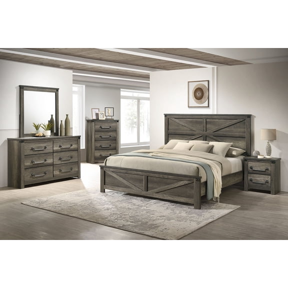 Master Bedroom 4pc Set Queen Size Bed Dresser Mirror Nightstand Unique HB FB Design Rustic Gray