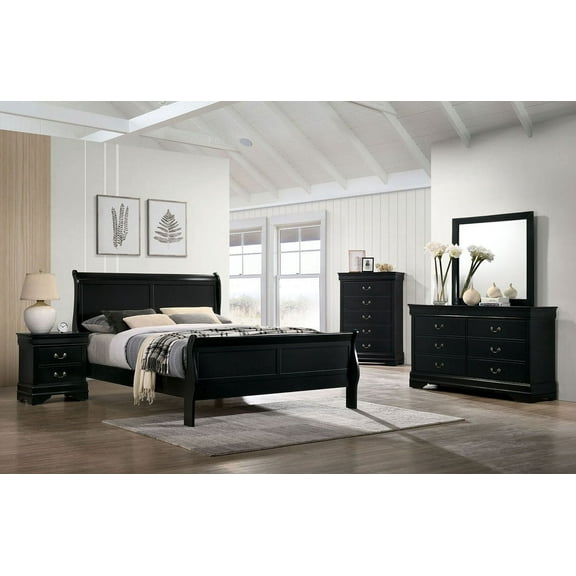 Master Bedroom Furniture Black Color Solid wood Simple Transitional 6pc Bedroom Set Queen Bed Dresser Mirror Nightstands Chest