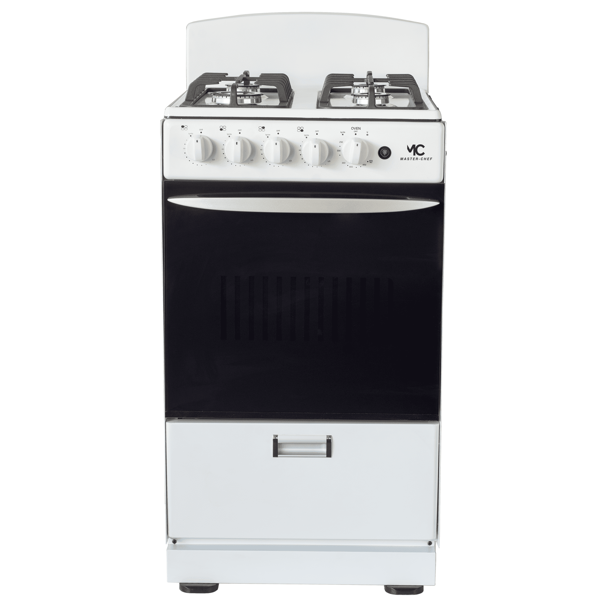 Master Chef - 20" White B Gas Space Saver Range with 2.4 CFT Oven Capacity - Italian SABAF Sealed Burners, 1 Ultra-Fast and 3 Fast  Easy to Clean, Iron Grates, and Cool Knobs CSA Certified