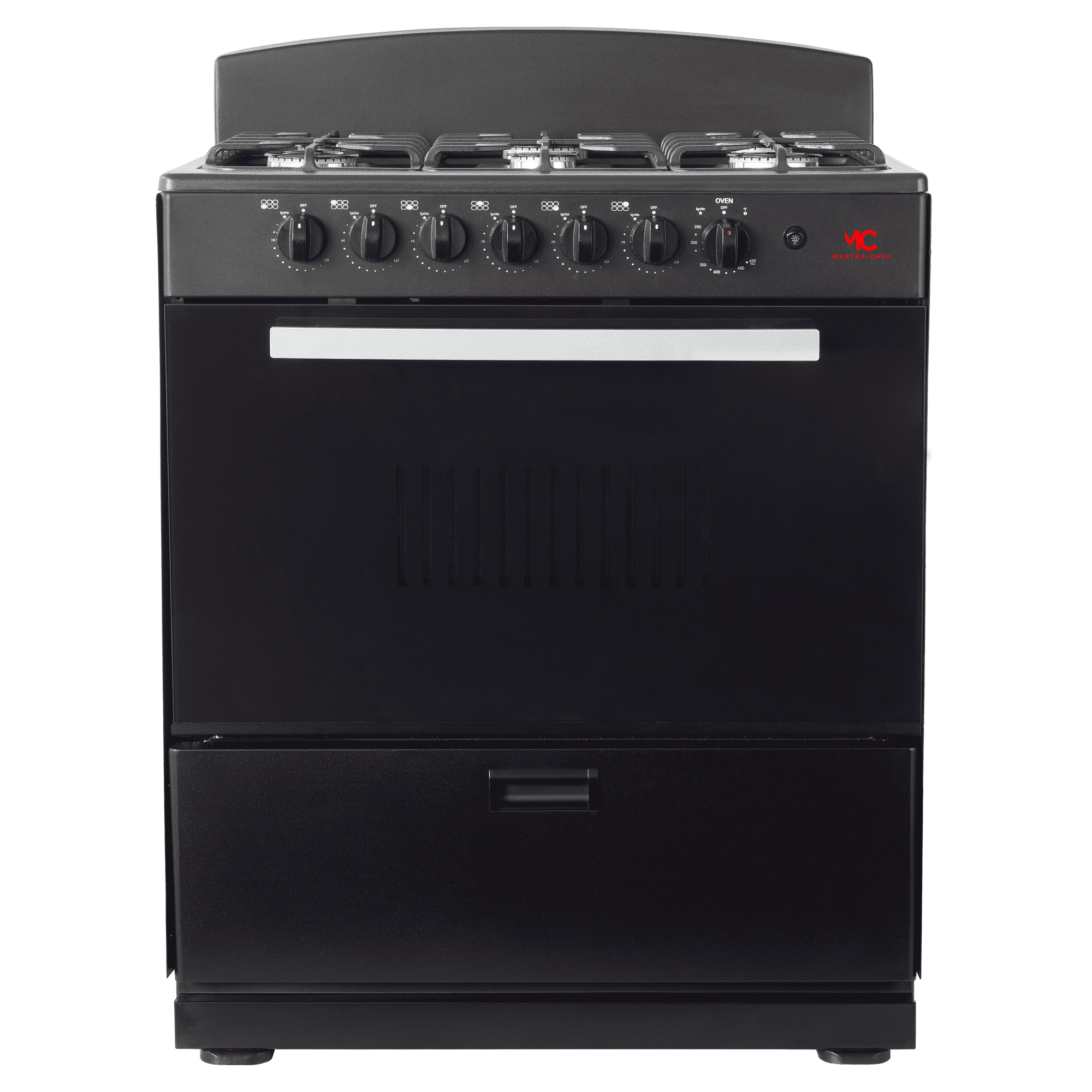 Master-Chef - 30" Red Logo Gas Space Saver Range with 4.0 CFT Oven Capacity - Italian SABAF Sealed Burners, 3 Ultra-Fast and 3 Fast  Easy to Clean, Iron Grates, and Cool Knobs CSA Certified (Black)