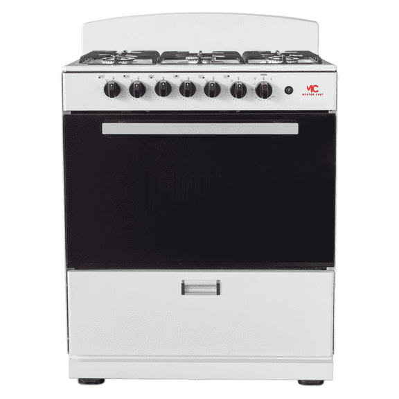 Master-Chef - 30" Red Logo Gas Space Saver Range with 4.0 CFT Oven Capacity - Italian SABAF Sealed Burners, 3 Ultra-Fast and 3 Fast  Easy to Clean, Iron Grates, and Cool Knobs CSA Certified (White)