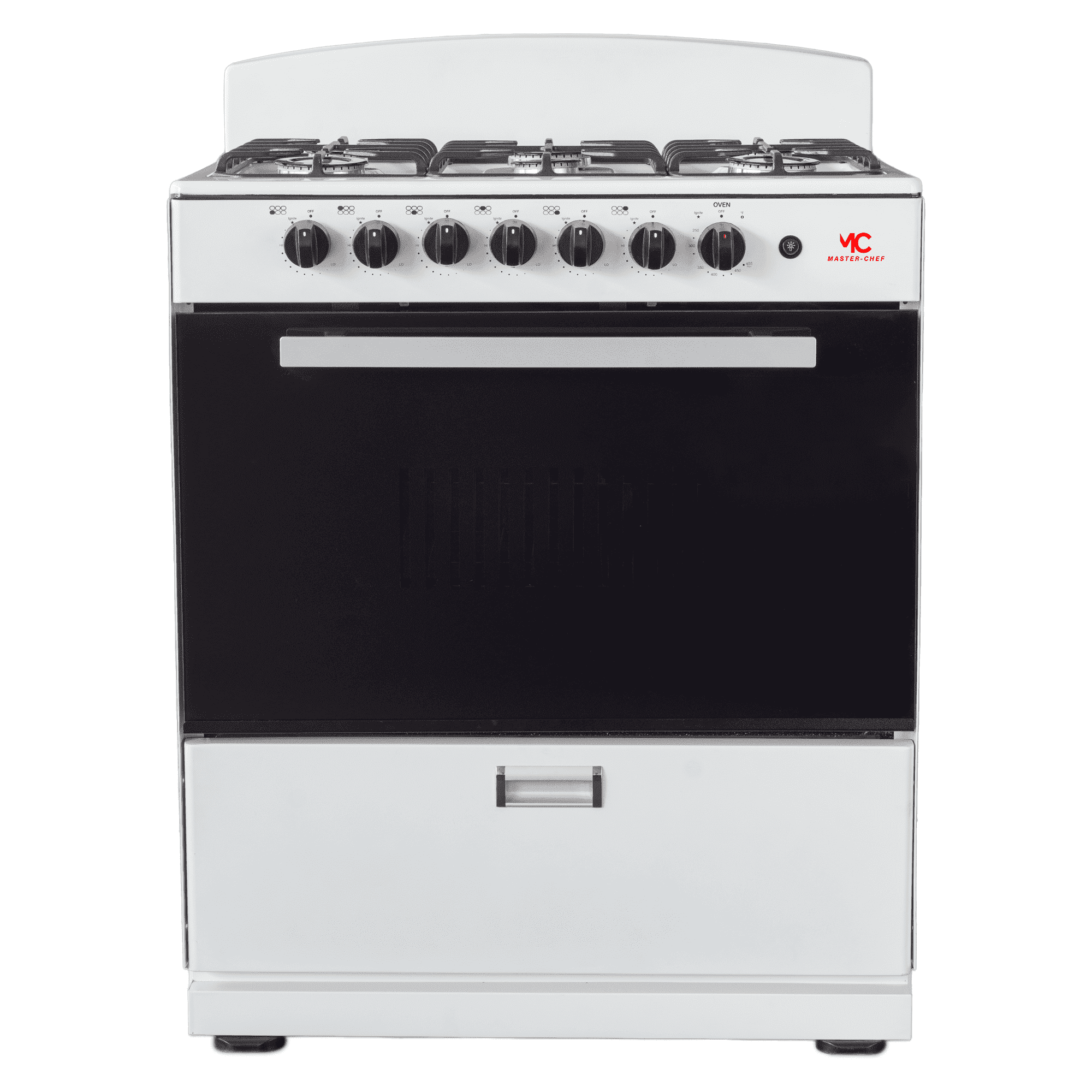 Master-Chef - 30" Red Logo Gas Space Saver Range with 4.0 CFT Oven Capacity - Italian SABAF Sealed Burners, 3 Ultra-Fast and 3 Fast  Easy to Clean, Iron Grates, and Cool Knobs CSA Certified (White)
