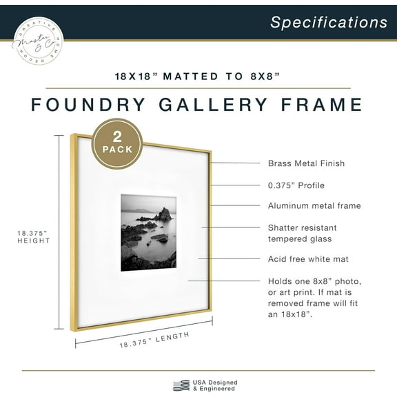 Master & Co. Foundry Metal 18x18 Matted Picture Frame with 8x8 Photo Display, Brass Vertical & Horizontal Wall Hanging Frame for Photos & Artwork (2-Pack)