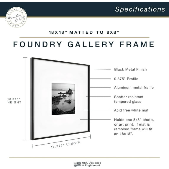 Master & Co. Foundry Metal 18x18 Square Picture Frame, Black, 1-Pack