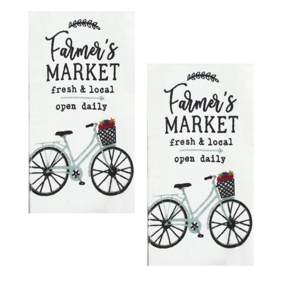 Master Cuisine Kitchen Bicycle Towels, 2 piece, Farmer's Market Bike White Dishtowels