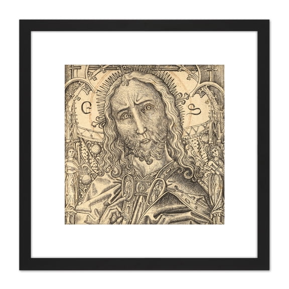 Master ES Christ Saviour Engraving Drawing 8X8 Inch Square Wooden Framed Wall Art Print Picture with Mount