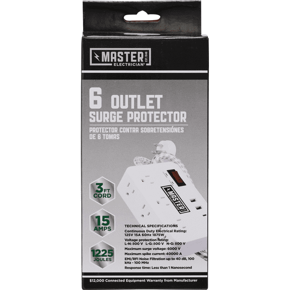 Master Electrician Surge Protector Strip with 3 Ft. Cord - Pack of 2 Residential Use, Standard Application