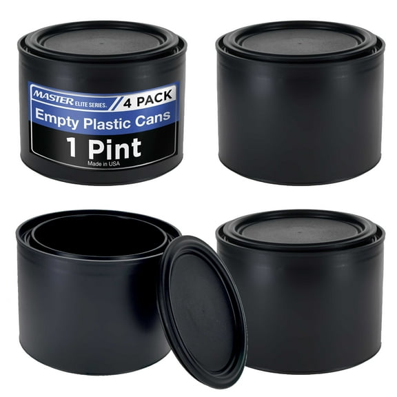 Master Elite 1 Pint Empty Plastic Paint Can Bucket, Pack of 4 - Triple Lock Airtight Lid Seal, 16 fl. oz. All-Plastic Coating Storage Container Can - Pail Handle, Dent & Rust Proof, Odor Resistant