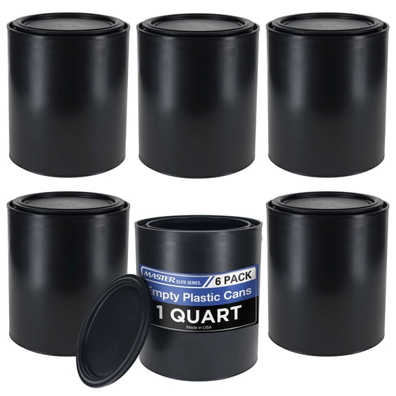 Master Elite 1 Quart Empty Plastic Paint Can Bucket, Pack of 6 - Triple Lock Airtight Lid Seal, 32 fl. oz. All-Plastic Coating Storage Container Can - Pail Handle, Dent & Rust Proof, Odor Resistant