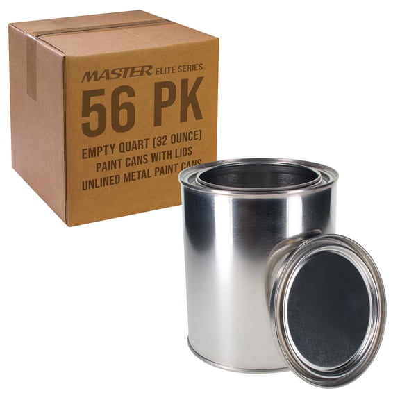 Master Elite 1 Quart Unlined Empty Metal Paint Can Bucket with Lids, 1 Case of 56 - Triple Tight Lid Seal, 32 fl. oz. Steel Coating Storage Container Tin - Store Leftover Oil-Based Paint, Auto, Art