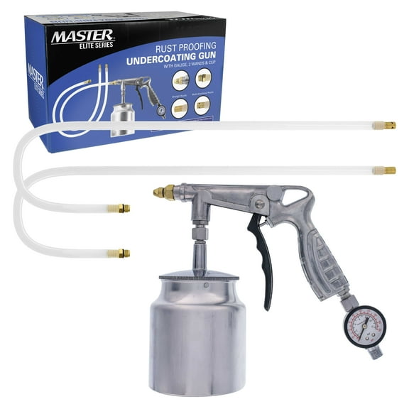 Master Elite Air Rust Proofing and Undercoating Gun with Gauge & Suction Feed Cup, 2 Wands - 22" Long Flexible Extension Wand with Multi-Directional Nozzle - Spray Truck Bed Liner Rubberized Undercoat