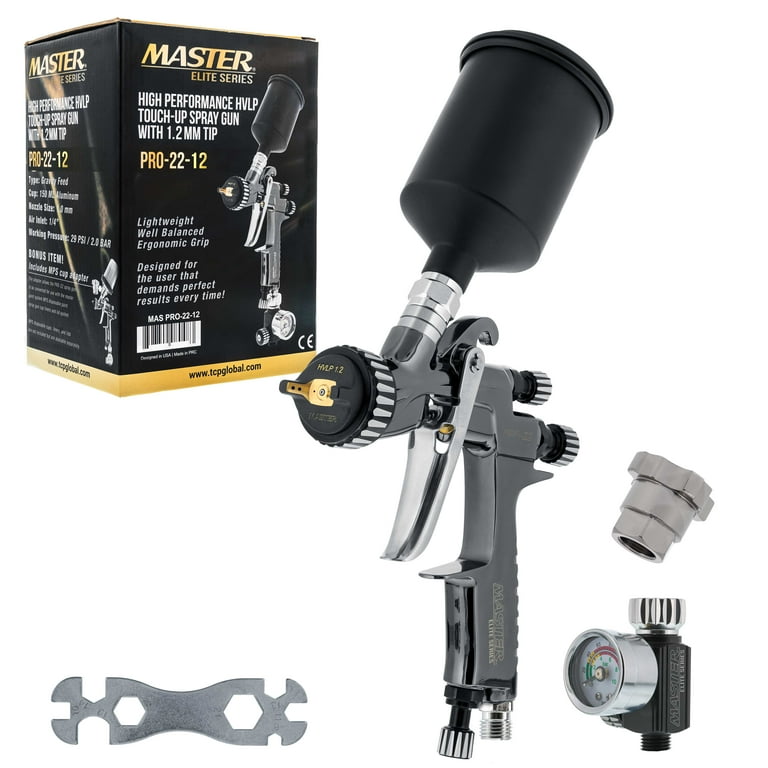 Master Elite High Performance PRO 22 Series HVLP Touch Up Spray Gun with 1.2mm Tip and Air Pressure Regulator Gauge Detail Paint Sprayer Spot and