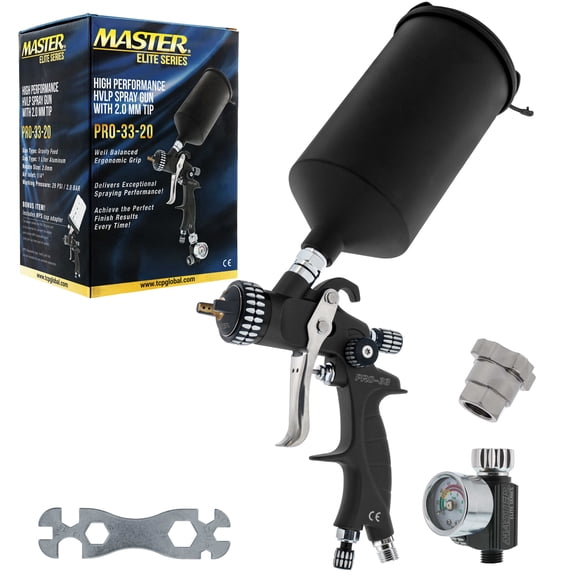 Master Elite High Performance PRO-33 Series HVLP Spray Gun with 2.0mm Tip and Air Pressure Regulator Gauge, MPS Cup Adapter - Automotive Paint, 2K Primers, Thick Enamels, Industrial Coatings