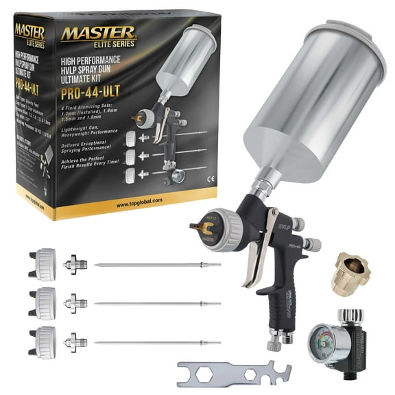 Master Elite High Performance PRO-44 Series HVLP Spray Gun Ultimate Kit with 4 Fluid Tip Sets 1.3, 1.4, 1.5 and 1.8mm