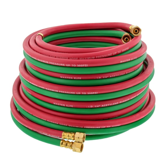 Master Elite Series 50' Oxygen Acetylene Hose Twin Welding Hose Set, 1/4 Inch B Fittings, 9/16”-18 - Oxy Acetylene Cutting Torch Hoses, Welder Gas Hose Cut Metal, Green Red, Grade R, Fits Regulators