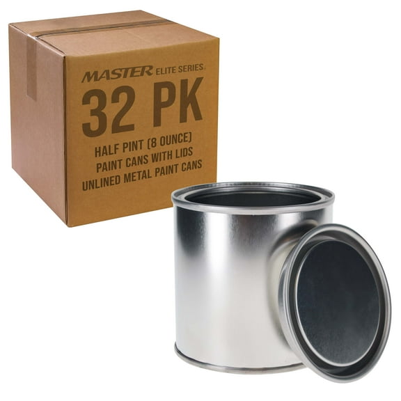 Master Elite Small 1/2 Pint Unlined Empty Metal Paint Can Bucket with Lids, Pack of 32 - Triple Tight Lid Seal, 8 fl. oz. Steel Coating Storage Container Tin - Store Oil-Based Paint, Art, DIY Crafts
