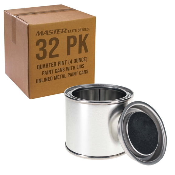 Master Elite Small 1/4 Pint Unlined Empty Metal Paint Can Bucket with Lids, Pack of 32 - Triple Tight Lid Seal, 4 fl. oz. Steel Coating Storage Container Tin - Store Oil-Based Paint, Art, DIY Crafts