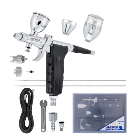 Master G77 Pistol Trigger Gravity Feed Airbrush, 2 Nozzle Sets, Spray Gun Fan Head, Round Pattern Head, 3 Cup Sizes Hose
