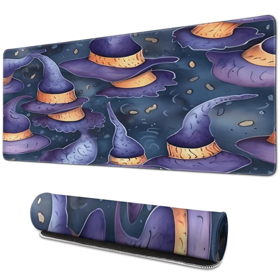 Master Game with Magic Halloween-Themed XL Gaming Mouse Pad Magic Hat & Witchcraft Design, Non-slip & Stitched Edge Desk Mat, Perfect for Keyboard and Laptop, 31.5×11.8 in
