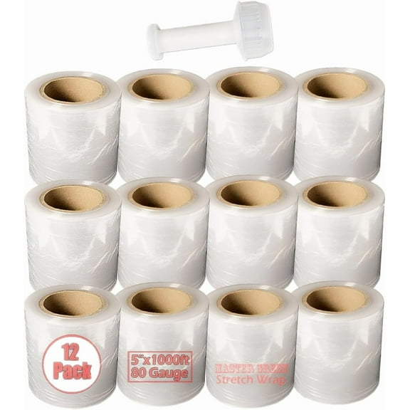 Master Green, Pack of 12 5" x 1000ft 80 Gauge Clear Plastic Hand Stretch Shrink Wrap Mini Stretch Wrap Film with One Handle for Industrial, Shipping, Pallet, Storage, Retail, Packing Moving Packaging