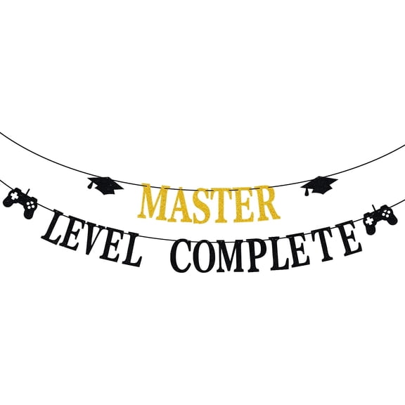 Master Level Complete Banner, Congrats Master Banner, Video Game Themed Graduation Decor, Class of 2025 Graduation Party Decoration Supplies Gold Black Glitter