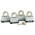 thumbnail image 1 of Master Lock 15/16" H x 13/16" W x 1-1/2" L Laminated Steel Warded Locking Padlock 4 pk Keyed Alike, 1 of 3