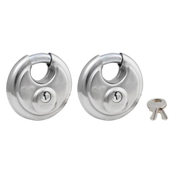 Master Lock 2-3/4in (70mm) Wide Stainless Steel Discus Padlock with Shrouded Shackle; 2-Pack