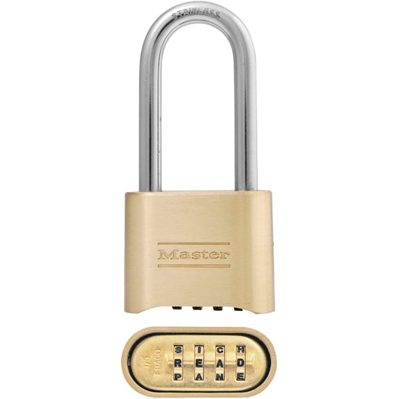 Master Lock 2 In. Zinc Brass Colored Alpha Long Shackle Combination Padlock Home & Garage Storage, Stackable Design