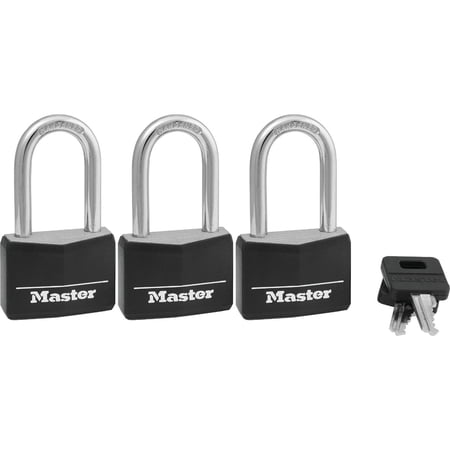 Master Lock 3-Pk. of Keyed-Alike Vinyl-Covered Brass Padlocks - Model Number 141TRILF — Residential Use, Standard Application