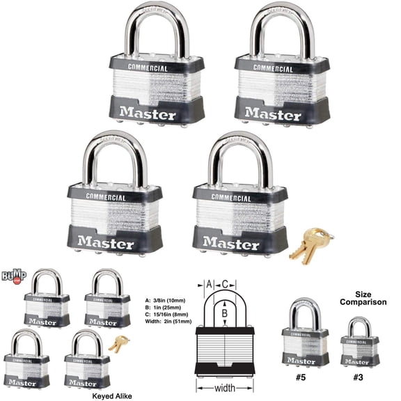 Master Lock 5NKA-4 Keyed Padlock Set - 4-Pack with 8 Keys, 2" x 1" Steel Locks, Black & Silver, Bump-Resistant