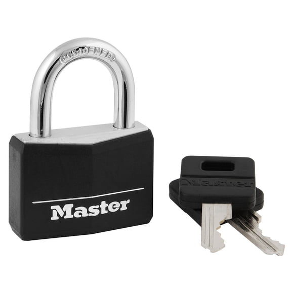 Master Lock Black Covered Aluminum Padlock, Gym Locker Lock with Key for Indoor or Outdoor Use with Vinyl Weather Resistant Cover, 141D BE4