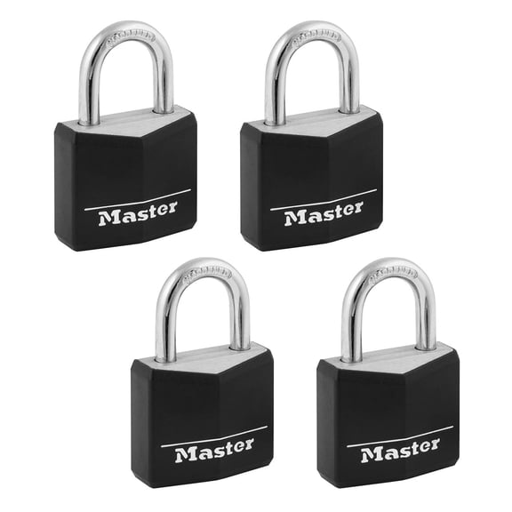 Master Lock Black Outdoor Key Lock, Standard Weather Resistant Padlock with Cover, Keyed Alike Padlocks for Lockers, Fences, Sheds, or Other Equipment, 4 Pack, 131Q