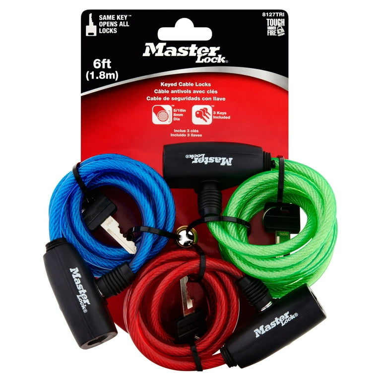 Master Lock Cable Lock 8127TRICC Keyed Bike Lock 6 ft. Long Color Assortment 3 Pack Keyed Alike Walmart